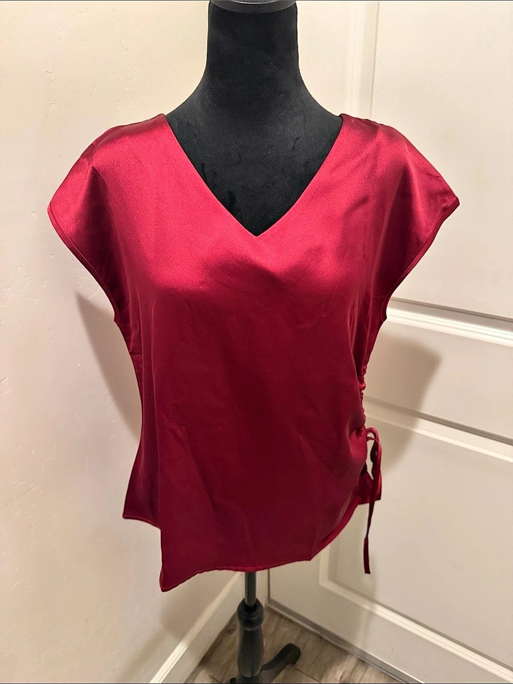 Red Satin-Look Ruched Blouse